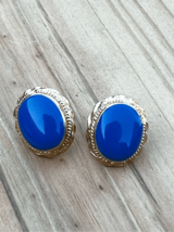 Gold Tone Mystique Blue Post Pierced Earrings Vintage Signed Costume Jewelry - £10.21 GBP