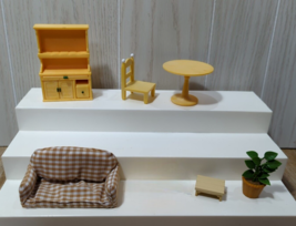 Calico Critters lot furniture kitchen table chair cabinet plaid couch plant stoo - £12.28 GBP