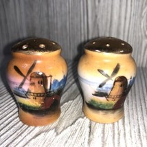 Vintage Windmill Scene Made In Japan Salt &amp; Pepper Shaker Set With Original Cork - £7.61 GBP