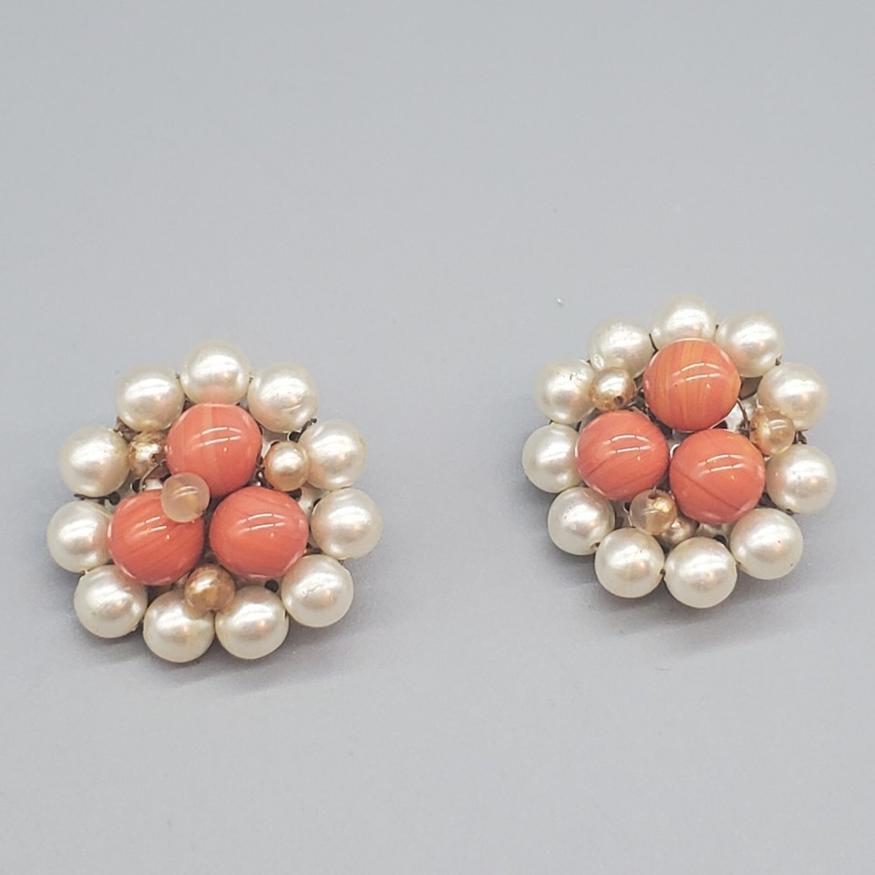 Vintage Japan Cluster Earrings Clip On Faux Pearl Orange Bead Costume Es... - $19.99
