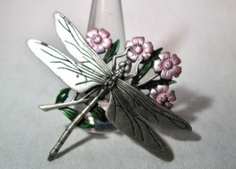 Vintage Silver Tone Signed JJ Pewter Painted Dragonfly Brooch Pin K1038 - £34.15 GBP