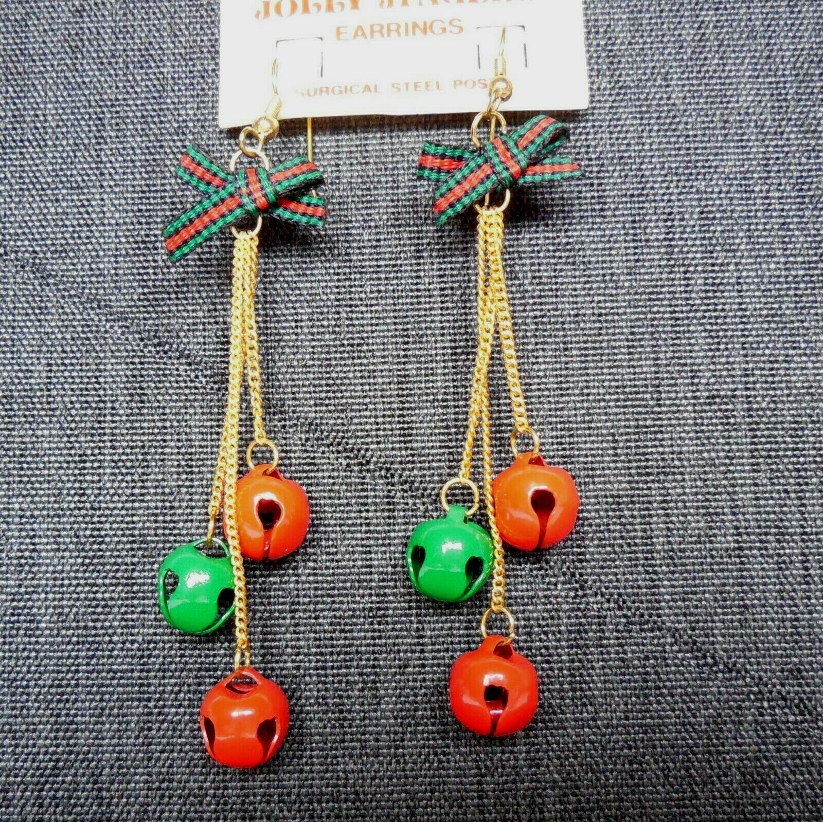 Primary image for Earrings Jolly Jingles Bells Bow Dangle Christmas Novelty Red Green Vintage Russ