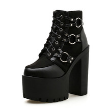 Spring Fashion Motorcycle Boots Women Platform Heels Casual Shoes Lacing Round T - £58.96 GBP
