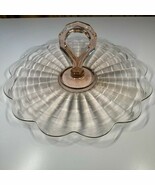 Vintage Pink Depression Glass Handled Tray 11&quot; Scalloped Ribbed Platter - $52.13 CAD