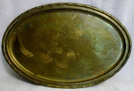 Antique Oval Brass Tray Kittens Cats Playing with Ball of Yarn 18&quot; X 11 ... - £54.67 GBP