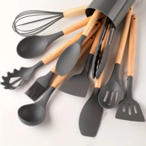 12Pcs/set, Silicone Cooking Utensils Set With Wooden Handle (Gray) - £27.99 GBP