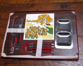 NEW Vtg Stainless Knives Forks Trivet Teak Wooden Dutch Windmill CHEESE ... - €34,62 EUR