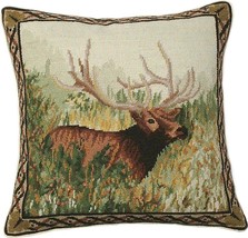 Pillow Throw Needlepoint Elk in Woods 18x18 Beige Backing Wool Cotton Ve... - £233.77 GBP
