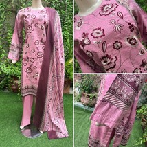 Pakistani Tea Pink Printed Straight Shirt 3-PCS Lawn Suit w/ Threadwork ,XL - $49.50