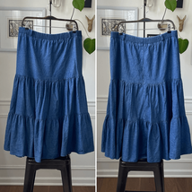 Vintage 80s 90s Carriage Court Cotton Denim Tiered midi Skirt L 10 - $34.20
