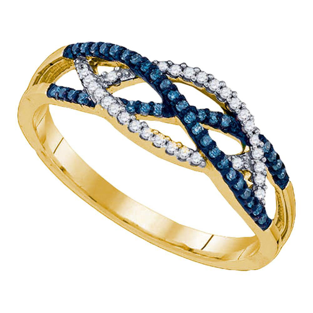 10k Yellow Gold Womens Round Blue Color Enhanced Diamond Band Crossover Ring 1/5