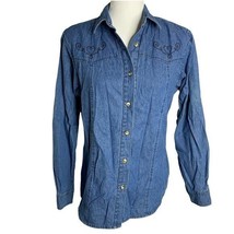 Vintage 80s Wrangler Western Shirt M Blue Denim Chambray Embroidered But... - £43.96 GBP