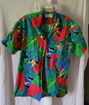 Vintage Sakura Sport Button Up Shirt Size Medium Tropical Print Festive ... - $16.99