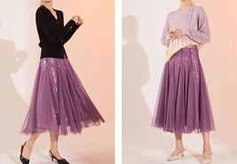 Purple Long Tulle Sequin Skirt High Waisted Christmas Holiday Skirt Outfit image 3