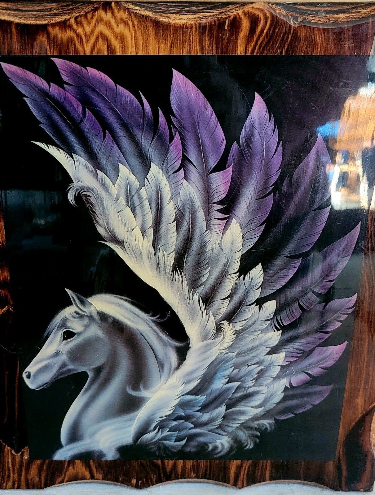 Vintage Pegasus Art Print On Real Wood 1985 Handmade Art Item image 2