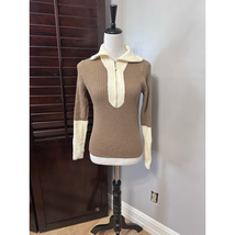 Sweater Womens Beige Brown Color Block Long Sleeve Half Zip Front Ribbed M - £14.54 GBP