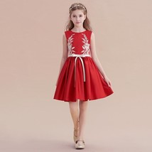 Red Satin Lace Applique Flower Girl Dress Formal Evening Birthday Party ... - £130.17 GBP