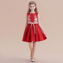 Red Satin Lace Applique Flower Girl Dress Formal Evening Birthday Party ... - £133.41 GBP