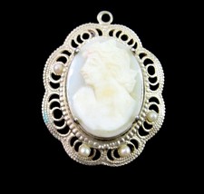 Carved SHELL CAMEO Pendant Vintage in Silvertone Delicate Filigree Oval 1 1/8&quot; - £15.40 GBP