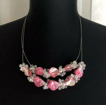 Pink Red Mother Of Pearl Clear Bead Double Two Strand Necklace - £11.76 GBP