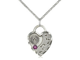 Footprints, Heart Pendant (sterling silver) Amethyst Birthstone, 18 Inch Chain - £50.31 GBP