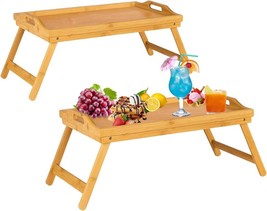 2 x Bamboo Food Serving Wooden Breakfast Tray Table With Handles &amp; Folding Legs - £29.36 GBP