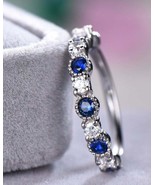 Wedding Band 1.50Ct Diamond &amp; Sapphire 14K White Gold Anniversary Ring S... - £183.90 GBP