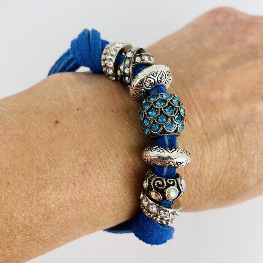 Blue Leather Bracelet Rhinestone Crystal Silver Tone Boho Adjustable Bling Item image 2