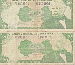 Venezuela 20 Bolivares 1987  &amp; 1984 Banco Central  CIR. 2 Banknotes # 17 - $6.92