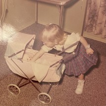 Found Color Photo Young Girl Playing Baby Carrier Buggy 1960 - £7.07 GBP