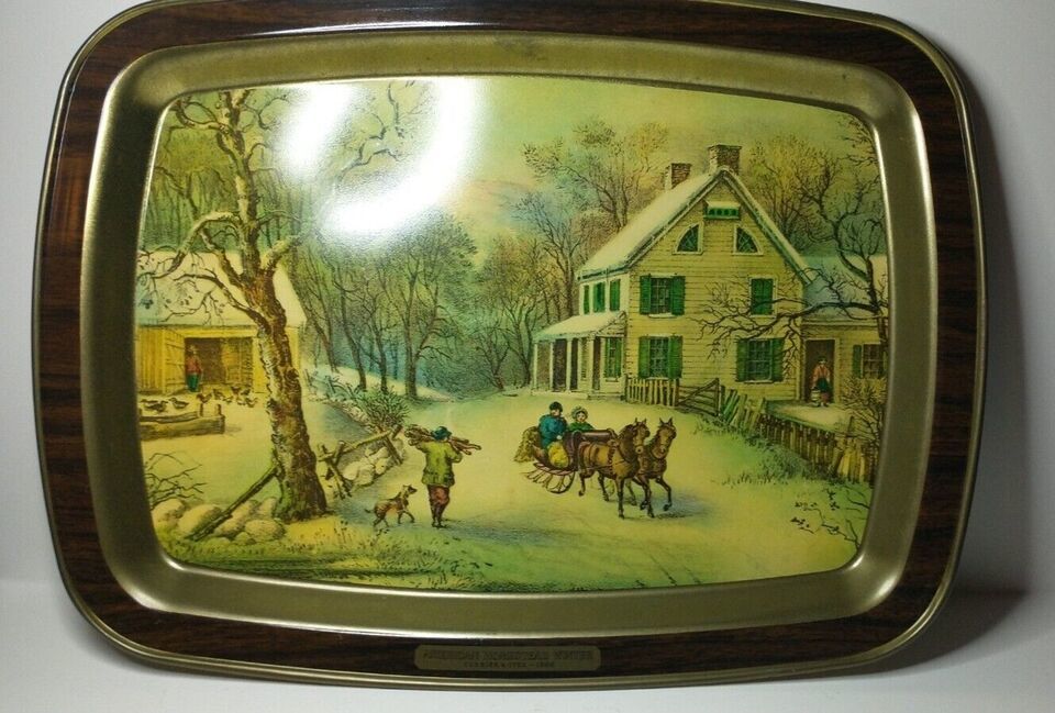 Primary image for Vintage Currier and Ives Tray Metal Tin - American Homestead - Winter Farmhouse