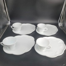 4 Indiana Milk Glass Oblong Lunch Snack Plate &amp; Footed Cup Sets Harvest ... - $29.02