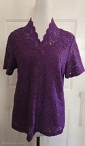 Susan Graver Purple Lace Scallop Top Women&#39;s Large Short Sleeve Pullover - £12.96 GBP