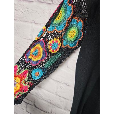 Joseph A.  Black Knit Top with Colorful Crochet 3/4 Sleeves Sz Medium Silk Blend Item image 6