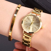 Women Watch LOVE Bracelet Set Gift Ladies Fashion Wristwatch Gold Strap ... - £8.98 GBP