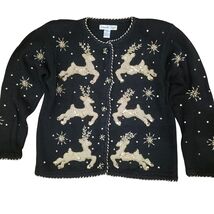 SAMANTHA TAYLOR M Black Gold Sequin Reindeer Christmas Sweater Vtg Kitsc... - $54.45