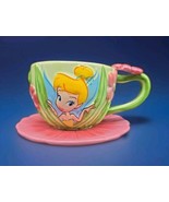 Disney Store Tinker Bell 3D Art Tea Cup &amp; Saucer Pink Flowers &amp; Green Le... - £16.10 GBP