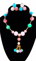 Vintage Art Glass Beaded Necklace and Earrings Set  Tassel Drop  Pastel Colors  - £47.27 GBP