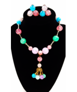 Vintage Art Glass Beaded Necklace and Earrings Set  Tassel Drop  Pastel ... - $1,121.40 MXN