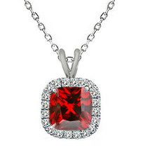 6mm 925 Silver Cushion Cut Garnet Birth Gemstone Silver Halo Pendant 18&quot; Chain - £39.13 GBP