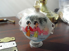 Unique Glass Perfume Bottle Reverse Painted Asian Women on Both Sides - $43.56