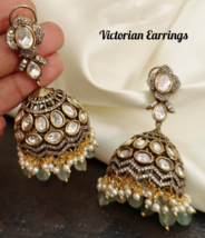 Indian Gold Plated Bollywood Antique Style Kundan CZ Jhumka Earrings Jewelry Set - £97.56 GBP