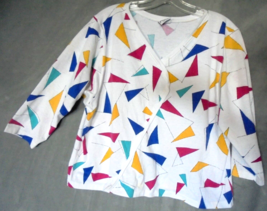 Koret Womens Large Top 3/4 Sleeves 80s style white colorful triangles pullover - £7.57 GBP