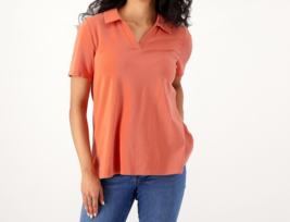 Denim &amp; co. Essentials Favorite Jersey Polo Collar Top Apricot, Large - £19.32 GBP