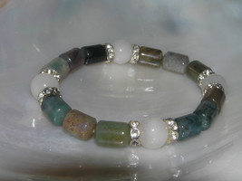 Estate Shades of Green Stone Barrel with Round White &amp; Clear Rhinestone Rondelle - £7.58 GBP