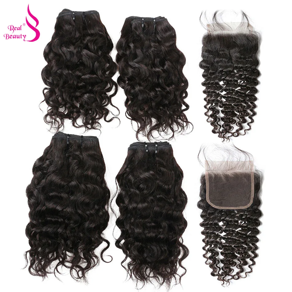 Real Beauty 50G Water Wave 3 /4 Bundles with Closure Malaysian Remy Human Hair - £39.22 GBP+