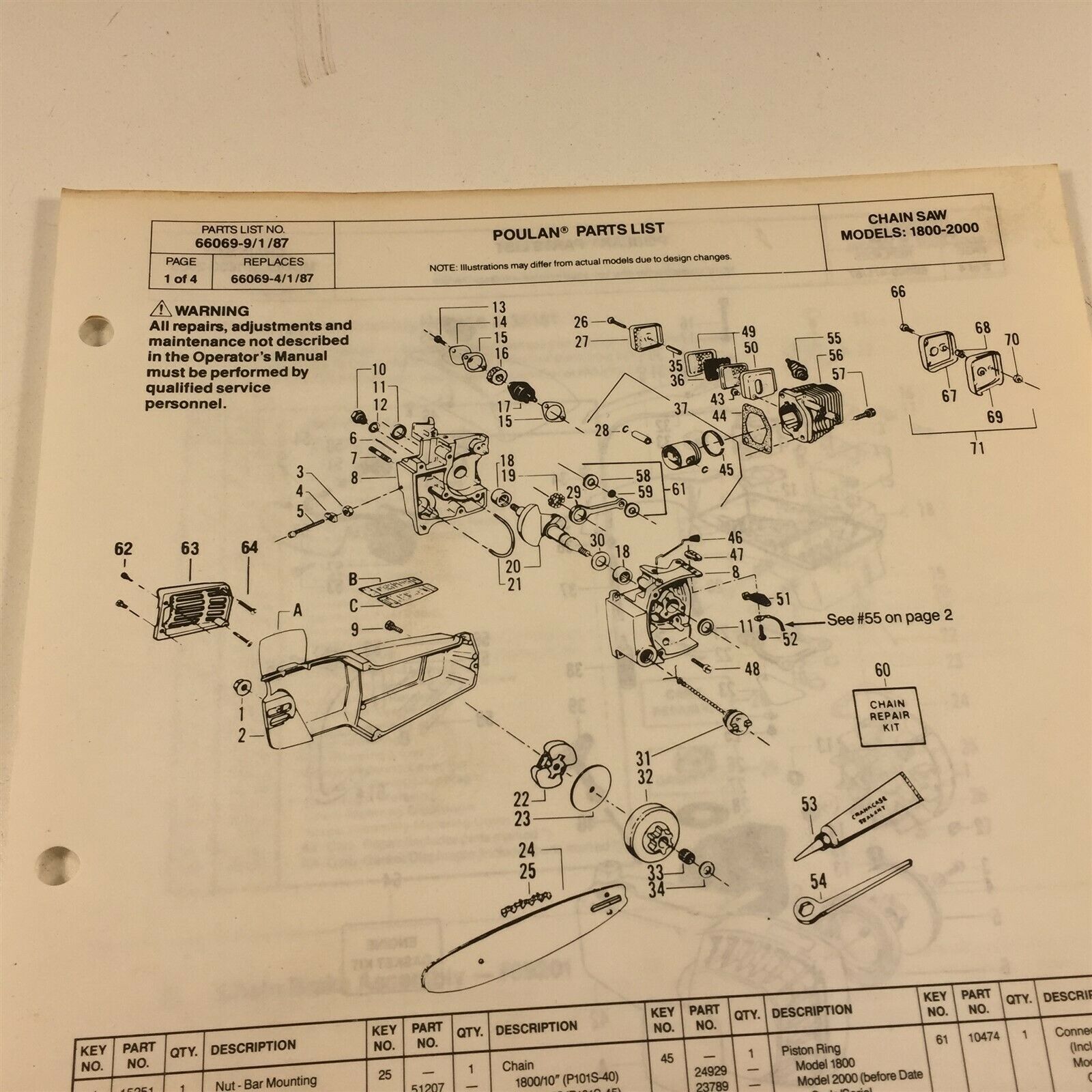 Primary image for 1987 Poulan Models 1800-2000 Chain Saw Parts List 66069