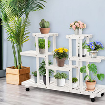 Costway 4-Tier Rolling Flower Rack Wood Plant Stand Casters 12-Pot Display Shelf - £94.31 GBP