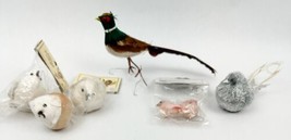 Vintage Birds Ornament Feather Cotton Wire Decorations Robin Chickadee Pheasant - £18.54 GBP