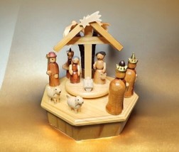 Vintage Hand Carved Wooden Nativity Scene Music Box Plays Silent Night W... - $41.69